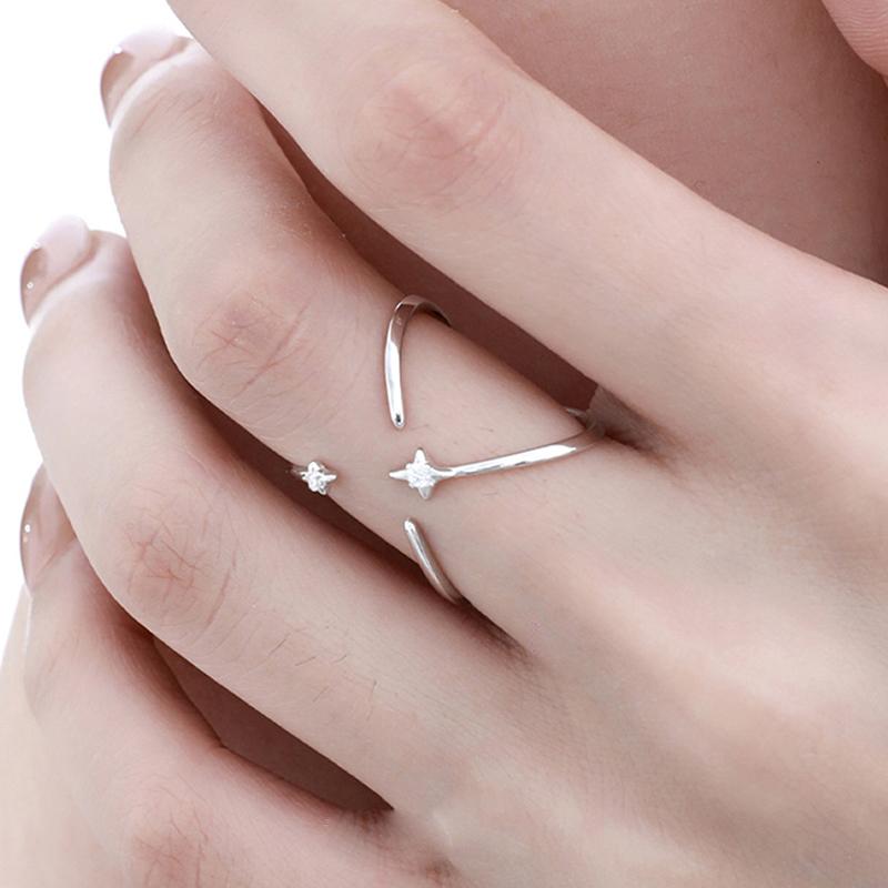 PONYKISS  Sterling Silver Zircon Star Cross Opening Rings for Women Romantic Fine  Minimalist Sweet Cool Accessories