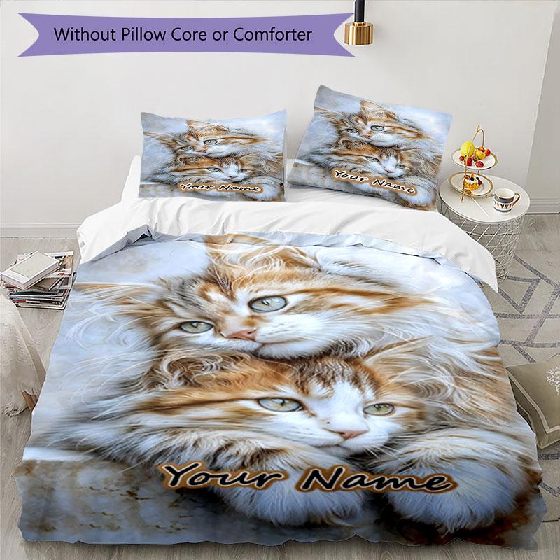 3PC Custom Name Cats Close Embrace Bedding Set Duvet Cover Closure Includes 1 Duvet Cover & 2 Pillowcases for Bedroom