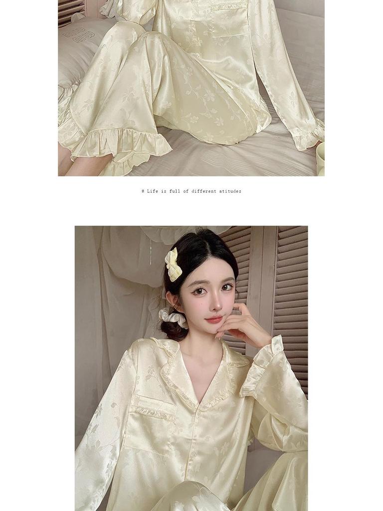 Women's Floral Ruffle Pajamas: Light Luxury Ice Silk Long Sleeve Two-Piece Set for Spring and Autumn