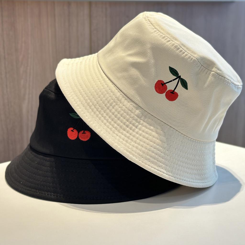Solid Color Bucket Hat for Women Summer Cotton Cherry Embroidery Sunshade Fisherman Cap Girls Casual Dome Basin Hat