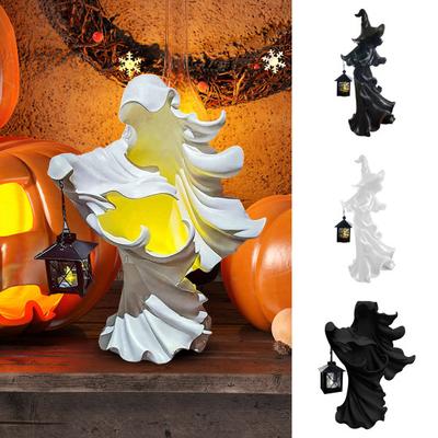 LED Witch Lantern Ornament Halloween Faceless Ghost Sculpture Holding Lantern Vintage Resin