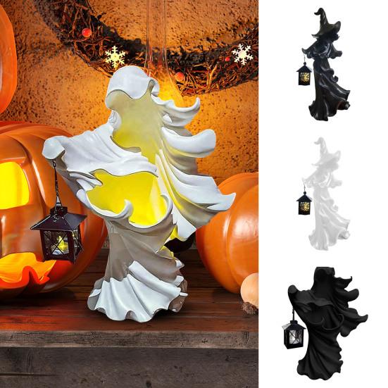LED Witch Lantern Ornament Halloween Faceless Ghost Sculpture Holding Lantern Vintage Resin Witch Statue for Yard Patio Lawn Decor