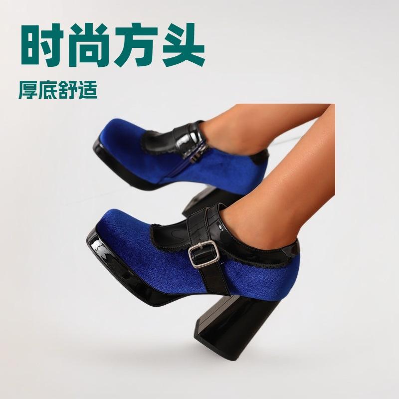 

Foreign trade model 25 years square head thick sole 33-48 size splicing belt buckle single shoe Lepai princess style super high heel 39 зелёный