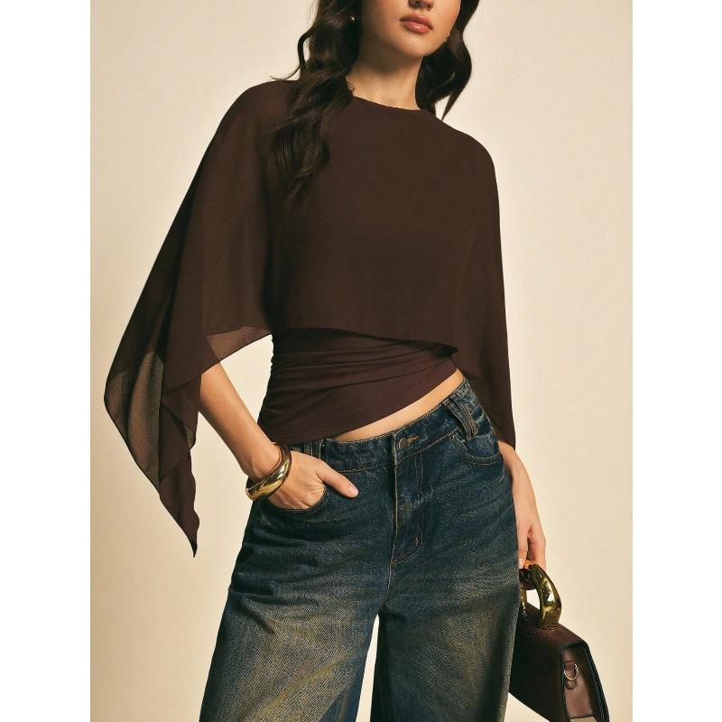 

VEZFAA Женская мода Повседневная Летняя Весна Однотонный Принт Рукава 3/4 О-образный Вырез Блузки и Рубашки S