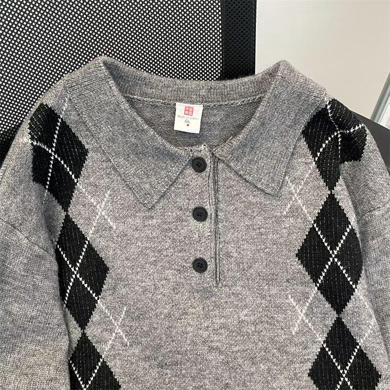 2025 British Classic Diamond Jacquard Color Block Knit Sweater