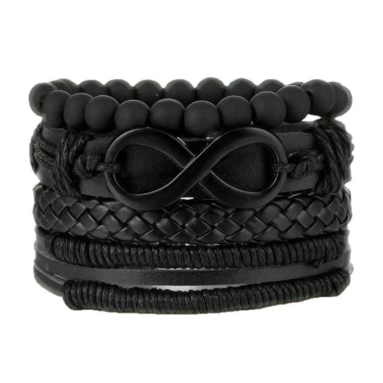 Personalized 4-Piece Black Bead & Leather Bracelet Set for Girls & Boys – Perfect for Parties & Festivals
