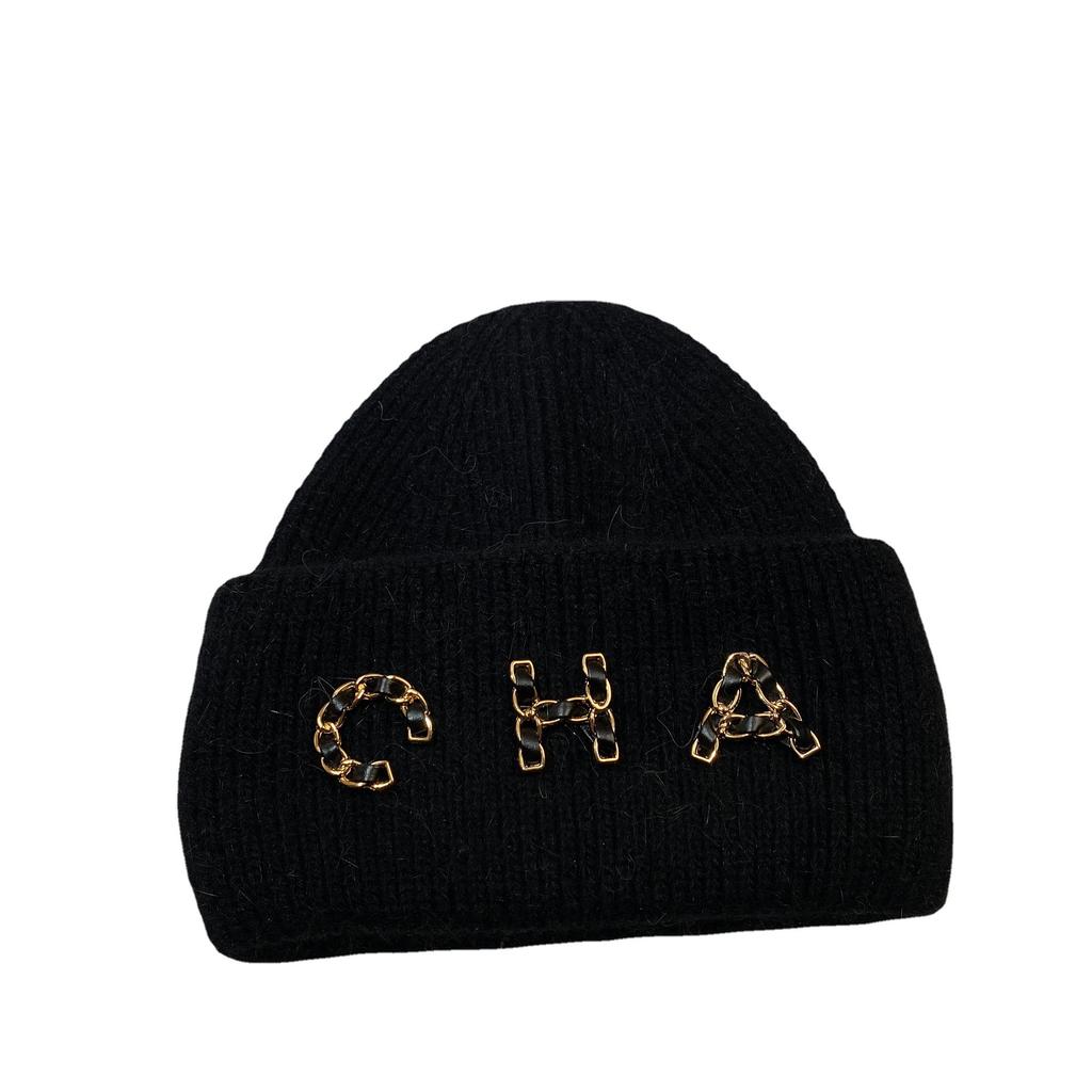 Chain Letter Cha Simple Wool Hat Winter Warm Rabbit Hair Double Fold Knitted Hat Outdoor Ear Protection