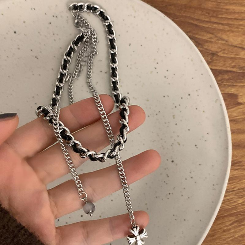 Korea personalized design cross leather winding necklace metal cold wind collarbone chain necklace