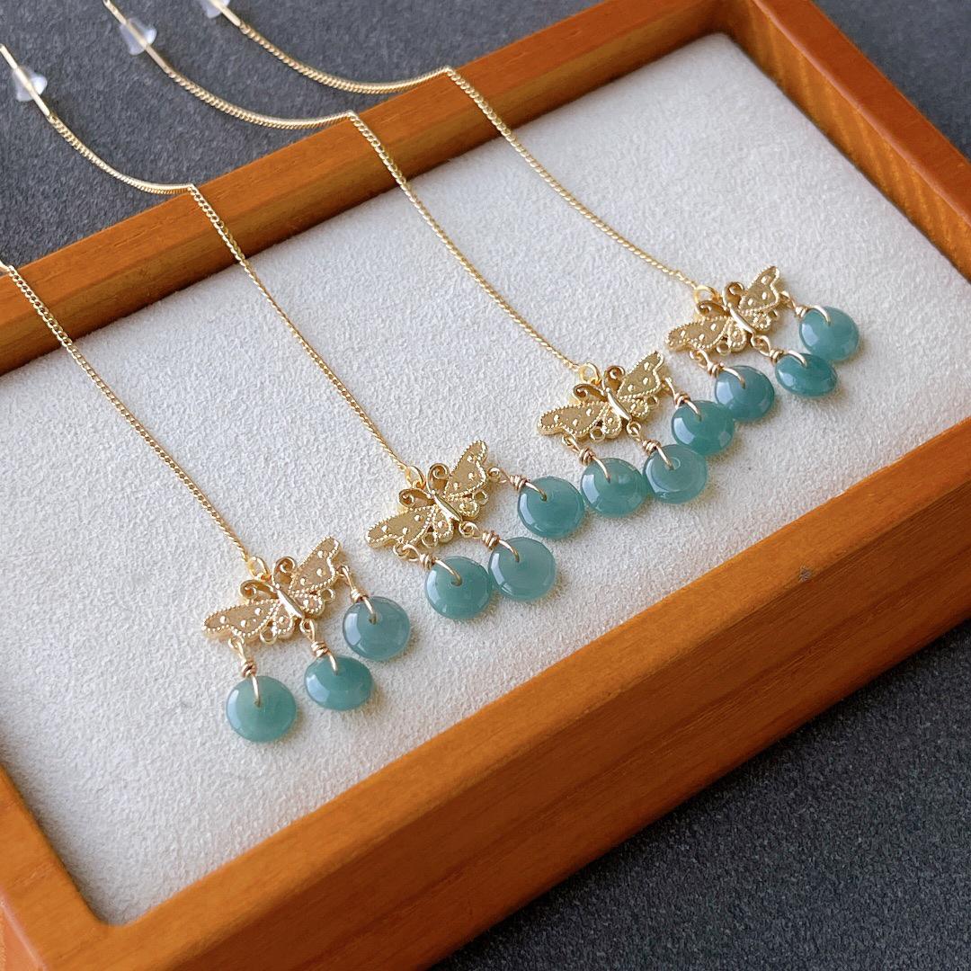 14k Gold Plated Blue Jade Butterfly Tassel Earrings with Ice-Type Design