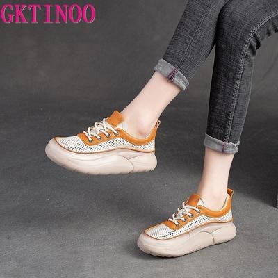 Fashion GKTINOO Hollow Sandals Women Sneakers Genuine Leather Shoes Thick-soled 2025 New Handmade Comfortable Retro Platform Sneakers