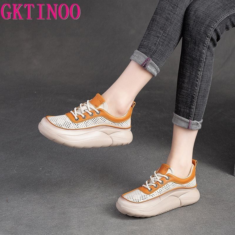 Fashion GKTINOO Hollow Sandals Women Sneakers Genuine Leather Shoes Thick-soled 2025 New Handmade Comfortable Retro Platform Sneakers