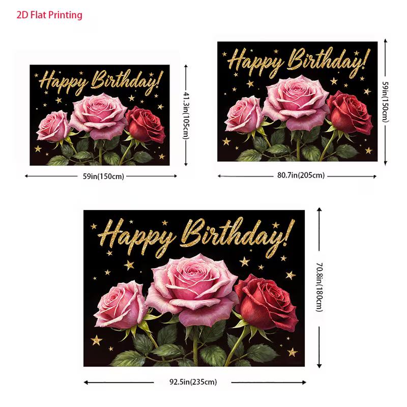 2D Pink Red Rose Happy Birthday Backdrop Black Gold Star Party Background