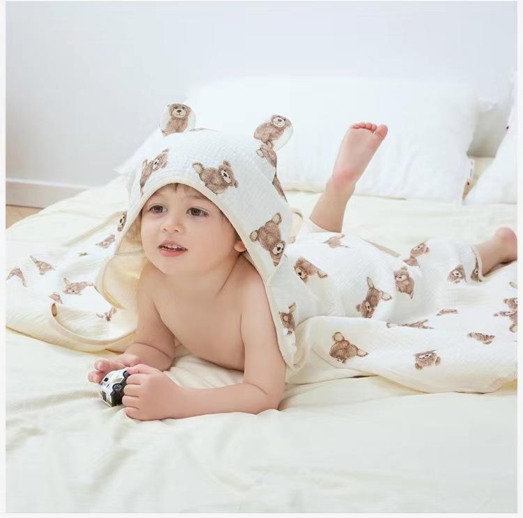 Beige Children'S Hooded Bath Towel Four-Layer Cotton Gauze Cape Bath Towel Soft Absorbent Baby Bath Robe