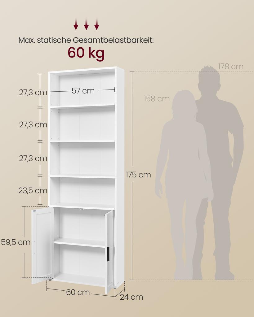 VASAGLE Bookcase, 6-Tier Tall Bookshelf, Book Shelf with Doors, Shelving Unit, 24 X 60 X 175 Cm, for Living Room, Home Office, Dinning Room