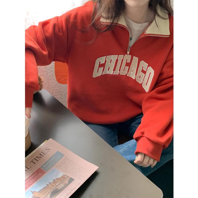 Hoodie Womens Supply Chain Korean Loose Mid Long Fleece Polo Collar Zip Up Hoodie Women Trendy M