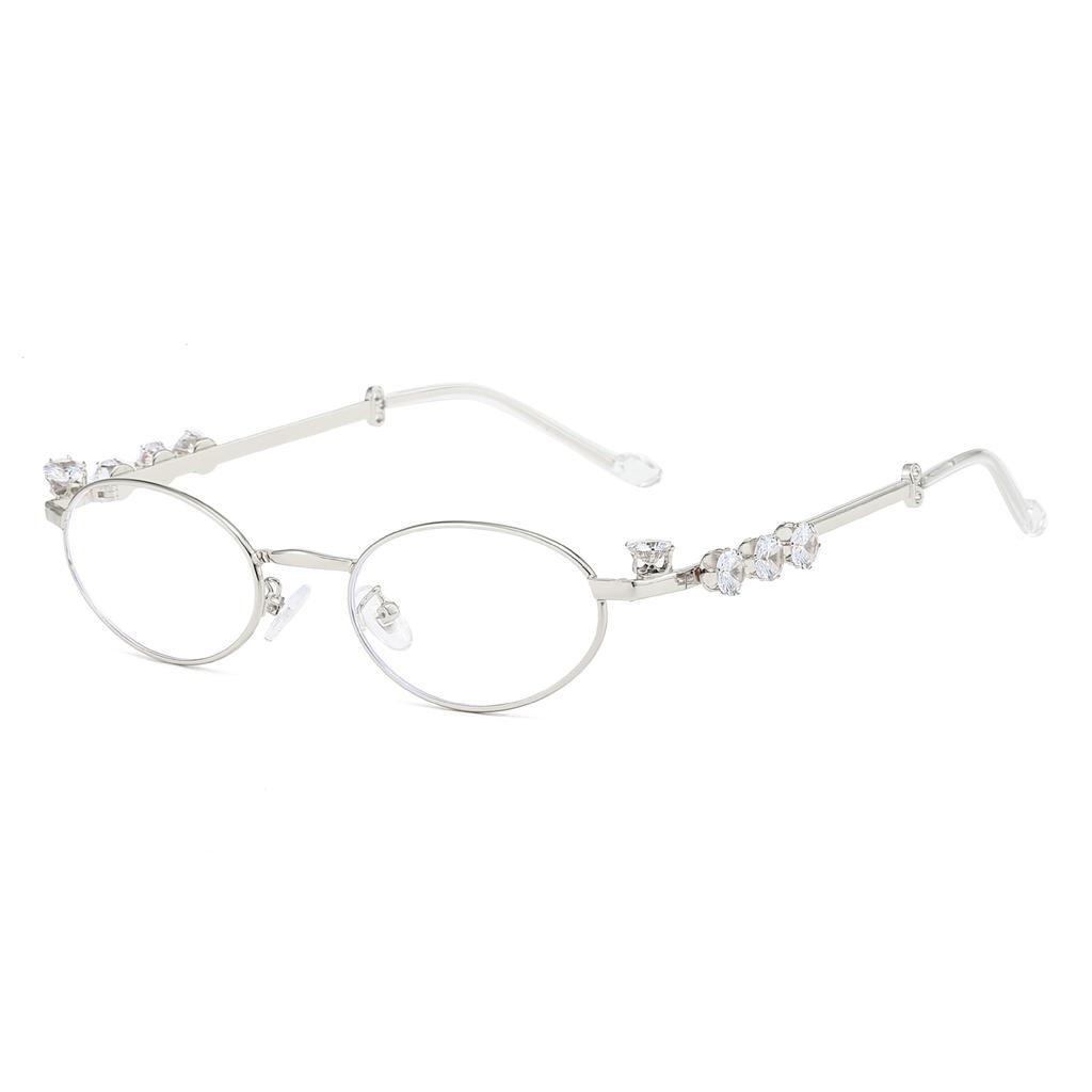 Diamond-encrusted oval metal glasses European and American pearl small frame glasses frame feeling plain plain glasses plain sunglasses