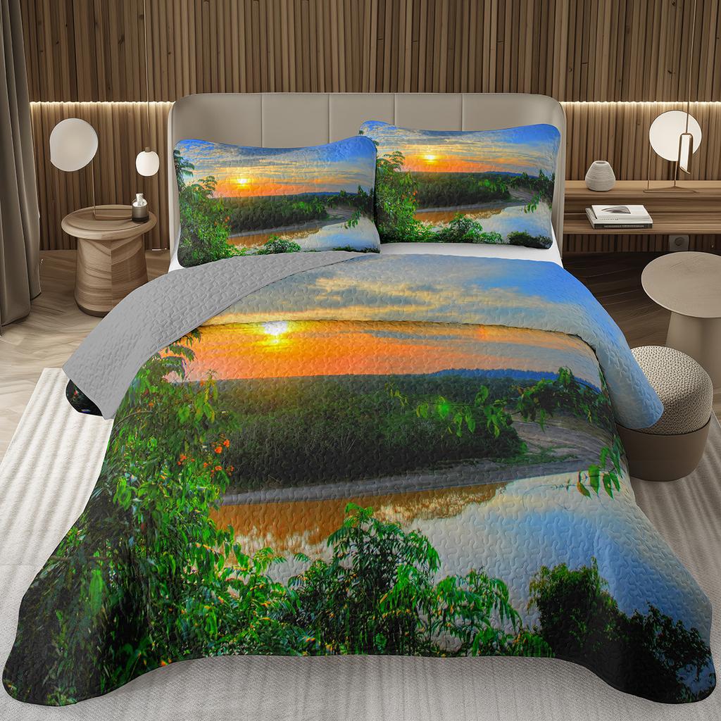 Forest Bedspread King/Full Magical Woodland Jungle Coverlet Set Dreamy Misty Scene Quilted Bedding Set Reversible Grey Bed Cover