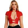Dámský lesklý PU korzetový crop top s otevřeným předním dílem a krátkým rukávem, klubové oblečení