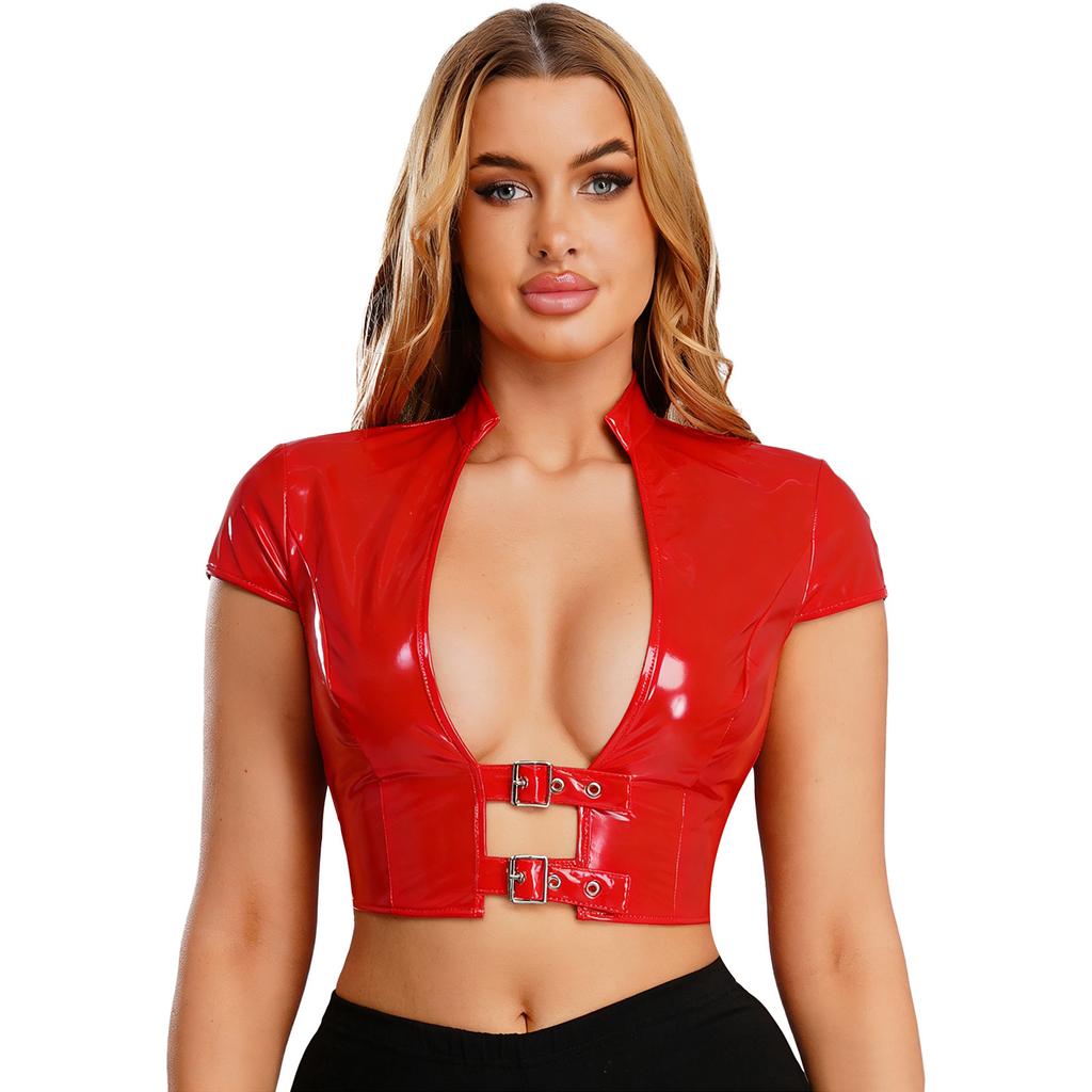 Dámský Crop Top PU s mokrým vzhledem Otevřený vpředu Nastavitelné přezky Krátký rukáv Crop Korzet Lesklý Clubwear