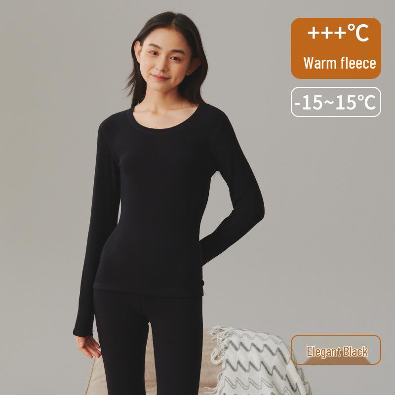 Women's Thickened Fleece Lined Slim Fit Round Neck Warm Underwear Set for Autumn and Winter
