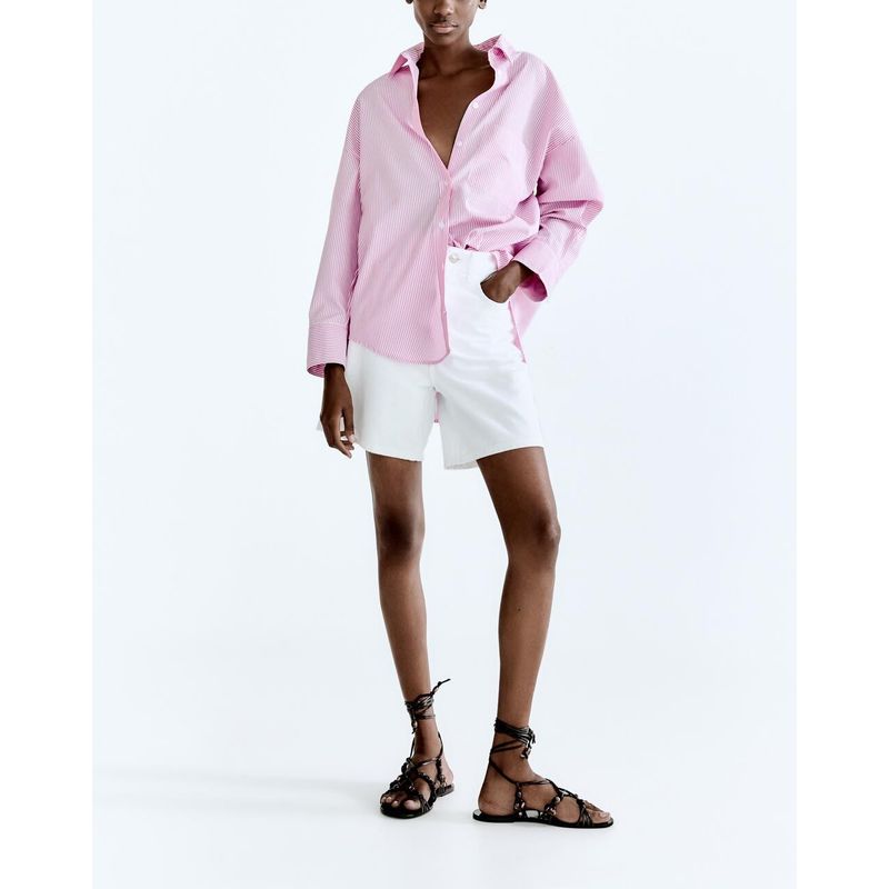 Autumn Loose Pink Long Sleeve Stripes Poplin Bottoming Shirt