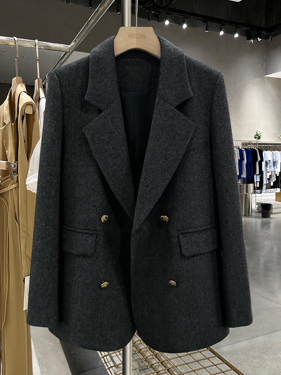 

Женский блейзер из смесовой шерсти темно-серого цвета: 2025 Весна/Осень Костюм в корейском стиле, вдохновленный Хепберн, высокого класса M темно-серого