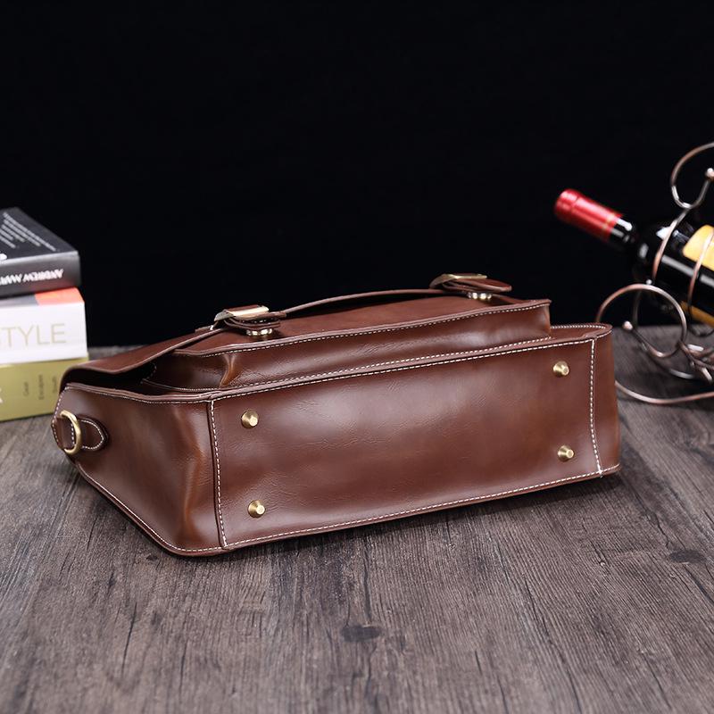 Servietă din PU Crazy Horse pentru bărbați: Geantă retro de umăr și messenger, geantă de mână orizontală semi-formă