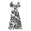 Kaslead New Women clothes Western Style Fashion Simple Hollow Waist Decorations Print Dress