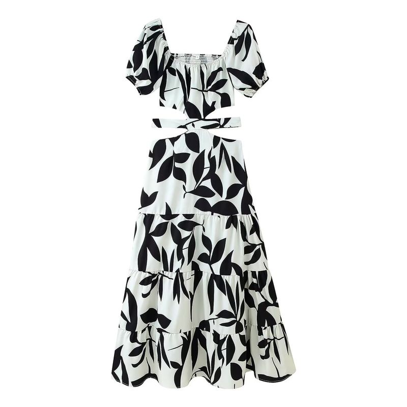 Kaslead New Women clothes Western Style Fashion Simple Hollow Waist Decorations Print Dress
