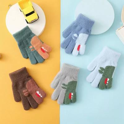 1Pairs Cute Cartoon Dinosaur Winter Warm Kids Gloves Kindergarten Boys Girls Five Finger Dino Knitted Gloves for 3 To 6 Years
