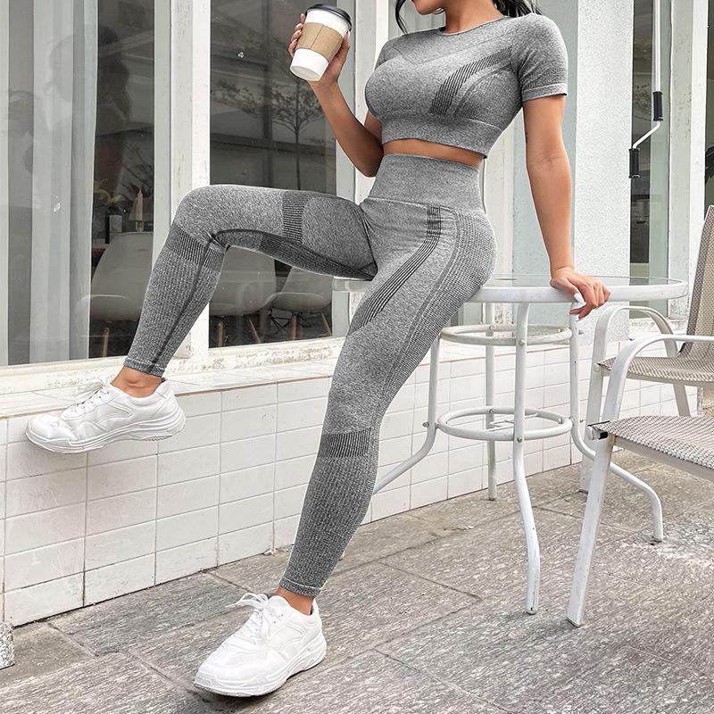 JYL Seamless Knit Pants Ribbed Yoga Set High Waist Hip Lifting