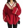 Womens Vintage Color Block V-neck Twist Knit Sweater Loose Fit Lazy Style Pullover Top Fall Winter