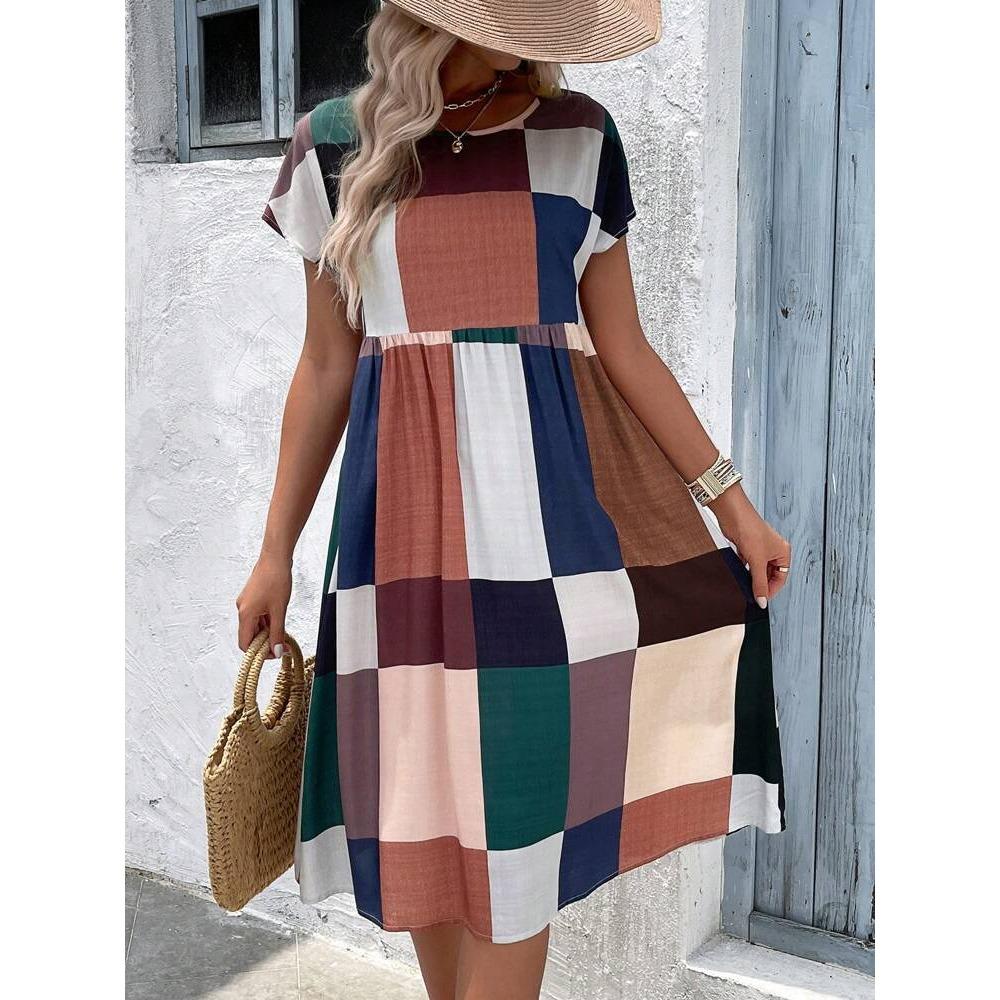 

HNXC Женские модные летние весенние платья кэжуал с коротким рукавом и круглым вырезом, с принтом в стиле колор-блок XXL оранжевый