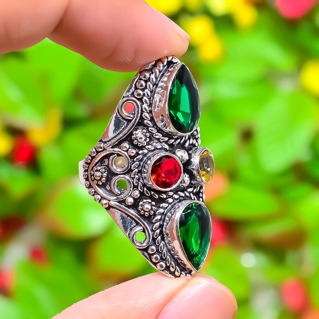 Natural Peridot, Garnet Gemstone 925 Sterling Silver Gift Ring Size 9 Y2L94