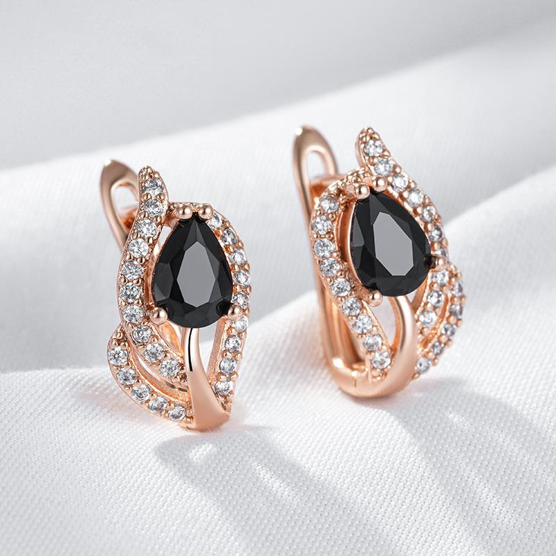 Vintage Black Stone Dangle Earrings For Women Luxury Rose Gold Color Natural Zircon Accessories Daily Fin Jewelry