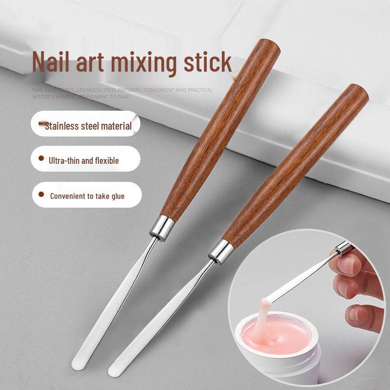 Japanese Wooden Tone Nail Art Mixing Stick with Stainless Steel Rhinestone Gel Polish Stirrer