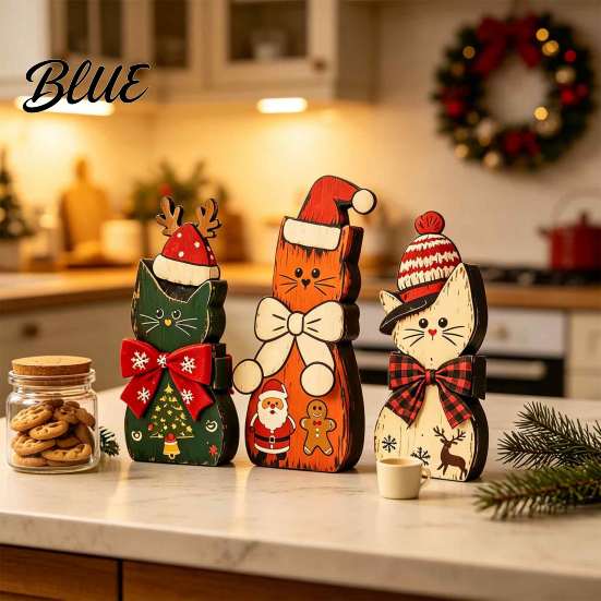 Rustic Wood Cat Figurines 3Pcs Christmas Wooden Ornaments with Hat and Bow Tie, Decorative 2D Standing Figures Flat Thanksgiving Tabletop Figurines,