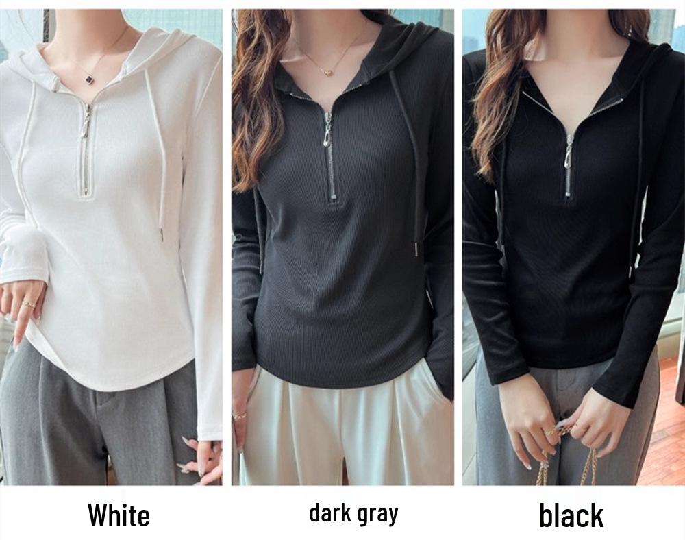 Women's Slim-Fit Half-Zip Cotton Hoodie - Long-Sleeve Versatile Casual Top for Autumn/Winter