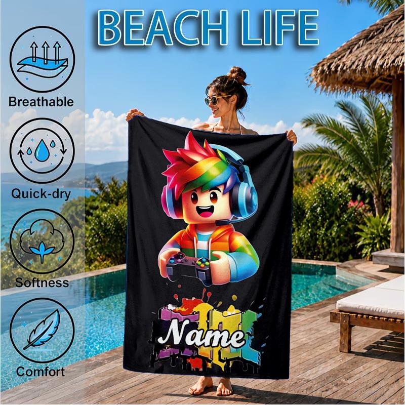 Custom Name Ro-blox Adventure Quests Beach Towel Microfiber Beach Towel, Lightweight and Quick-Dry, for Summer Travel, Swimming Pool Gift