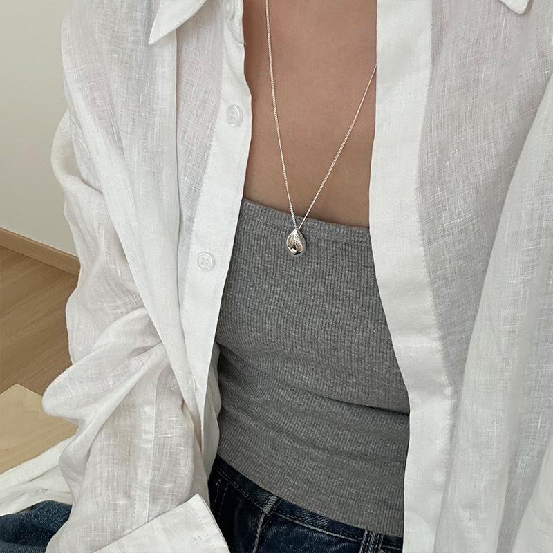 Water Drop Pendant Necklace for Women 925 Sterling Silver Glossy Sweater Chain Fashionable Long Fine Jewelry