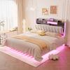Letto imbottito 140*200 con illuminazione a LED e presa USB, Testiera con spazio contenitore, Letto sospeso Letto per giovani Letto per adulti, Tessuto in lino, Beige