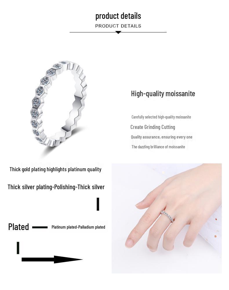 Women's S925 Sterling Silver Plated PT950 Moissanite Wedding Ring - Half or Full Diamond Simulation Tail Design