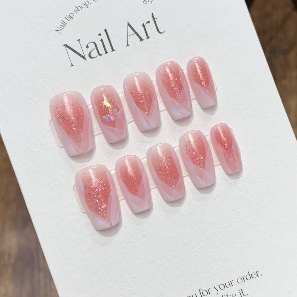 Handmade Pink Press On Nails Cute Korean Medium Length Full Cover Artificial Nail Tips With Adhesive Design