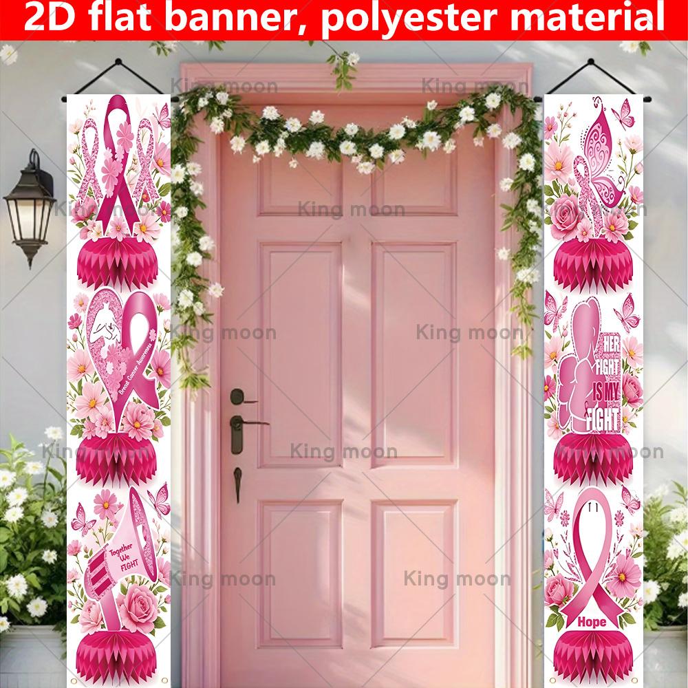 2D Flat, 2D Flat - 2D Door Banner 2D Flat Banner, 2pcs Breast Cancer Awareness Couplet Banner, 180Cm * 30Cm/70.8In * 11.8In, Polyester Fabric, HER FIG
