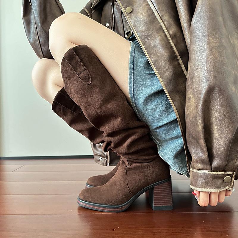 Boots for Women High Top Western Cowboy Boots with Soft Soles High-heeled V-neck Long Boots for Women