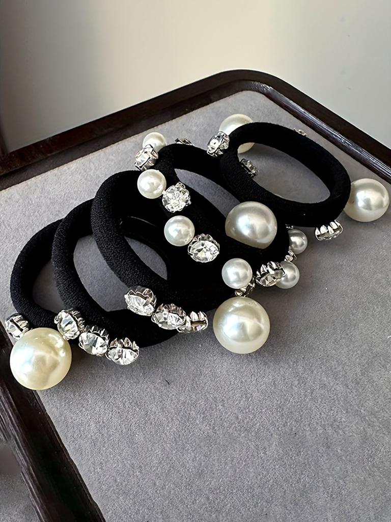 5/10-Piece Set of Women's Imitation Pearl & Diamond Hair Elastic Bands