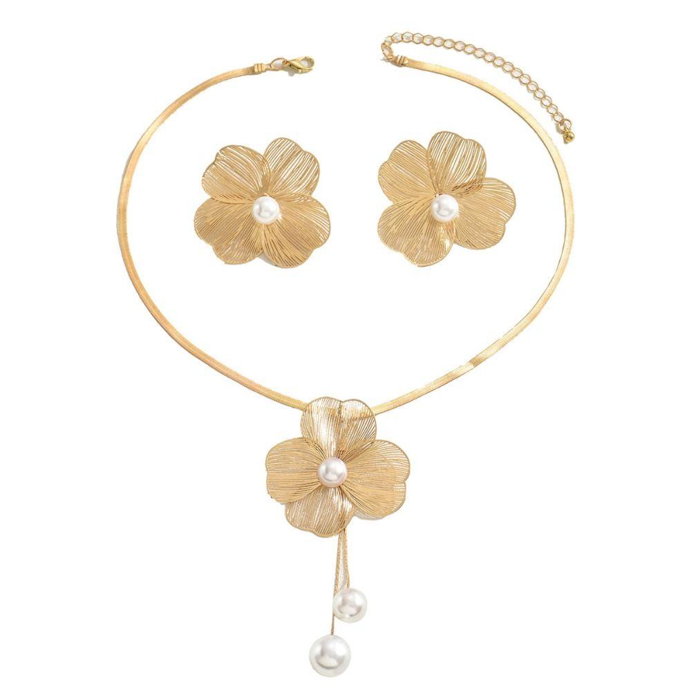 Copper Petal Earrings Necklace Suit Pearl Pendant Women Jewelry Suit Sweet Flower Jewelry Set  Gift