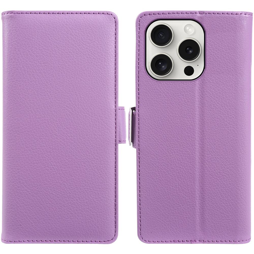 For iPhone 15 Pro Wallet Case with Dual Magnetic Clasp Litchi Textured Leather Flip Stand Phone Cover