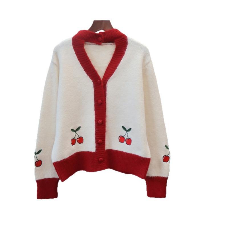 Autumn and Winter New Cherry Contrasting Color Design Sense Knitted Cardigan Sweet Gentle Wind Loose Sweater Jacket Women