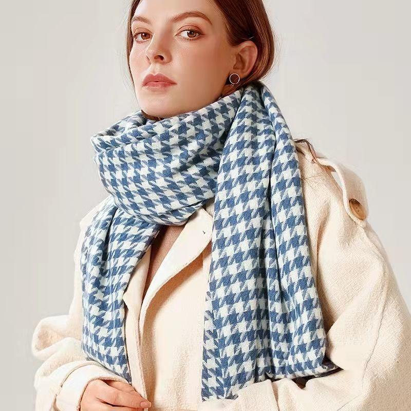 Black and White Houndstooth Plaid Scarf for Women Winter Warm Korean Version Versatile Long Imitation Cashmere Scarf Shawl Dual Use